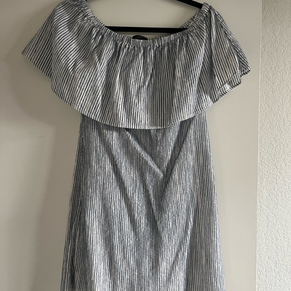 J. Crew Blue and White Ruffled Off-the-Shoulder Sundress
